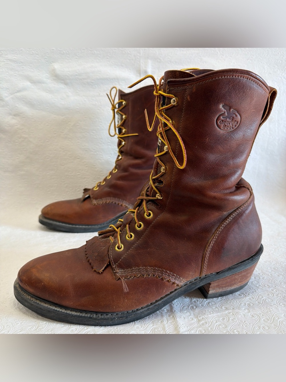 Georgia Boot Vintage USA Brown Leather Lace Up Kilties Western Boots Mens 12 W